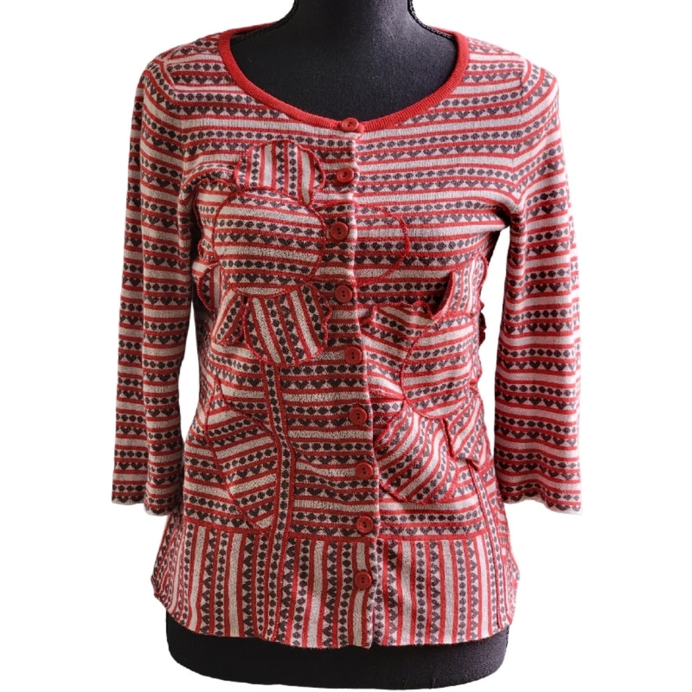 ANTHROPOLOGIE MOTH SZ  Small Lovelorn Cardigan Floral Appliques Red Gray